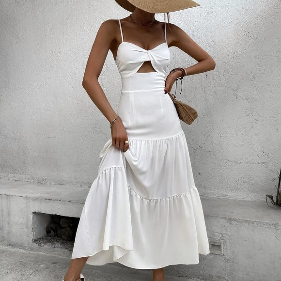 White Boho Womens Twist Front Cut Out Ruffle Hem Maxi Cami Dress - Picture 2 of 5